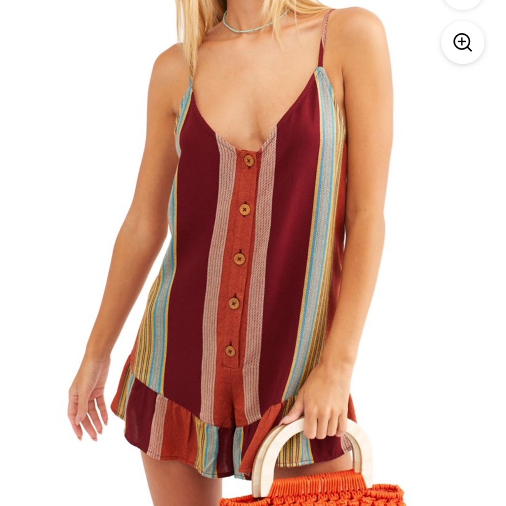 Free People Cozy Striped Ruffle Hem Romper XS Boho Button Front